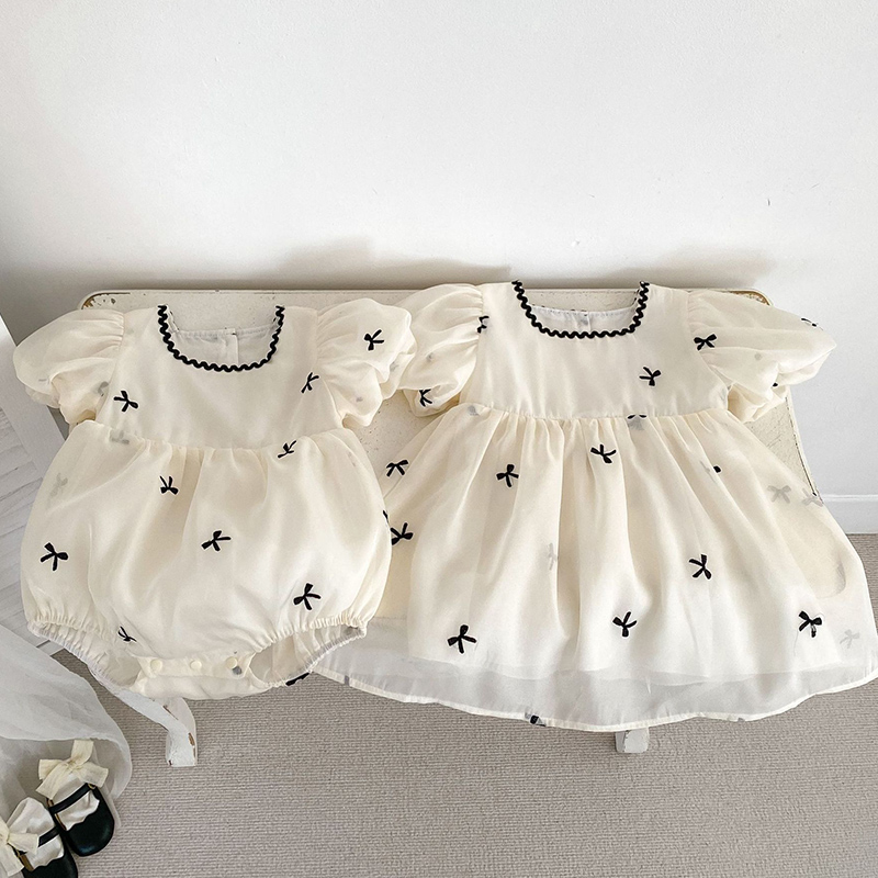 Baby Clothing For Summer - キッズ姉妹服夏の女の赤ちゃんドレス幼児女の子かわいい弓ガーゼドレス姉妹パフスリーブ幼児甘いプリンセスドレス