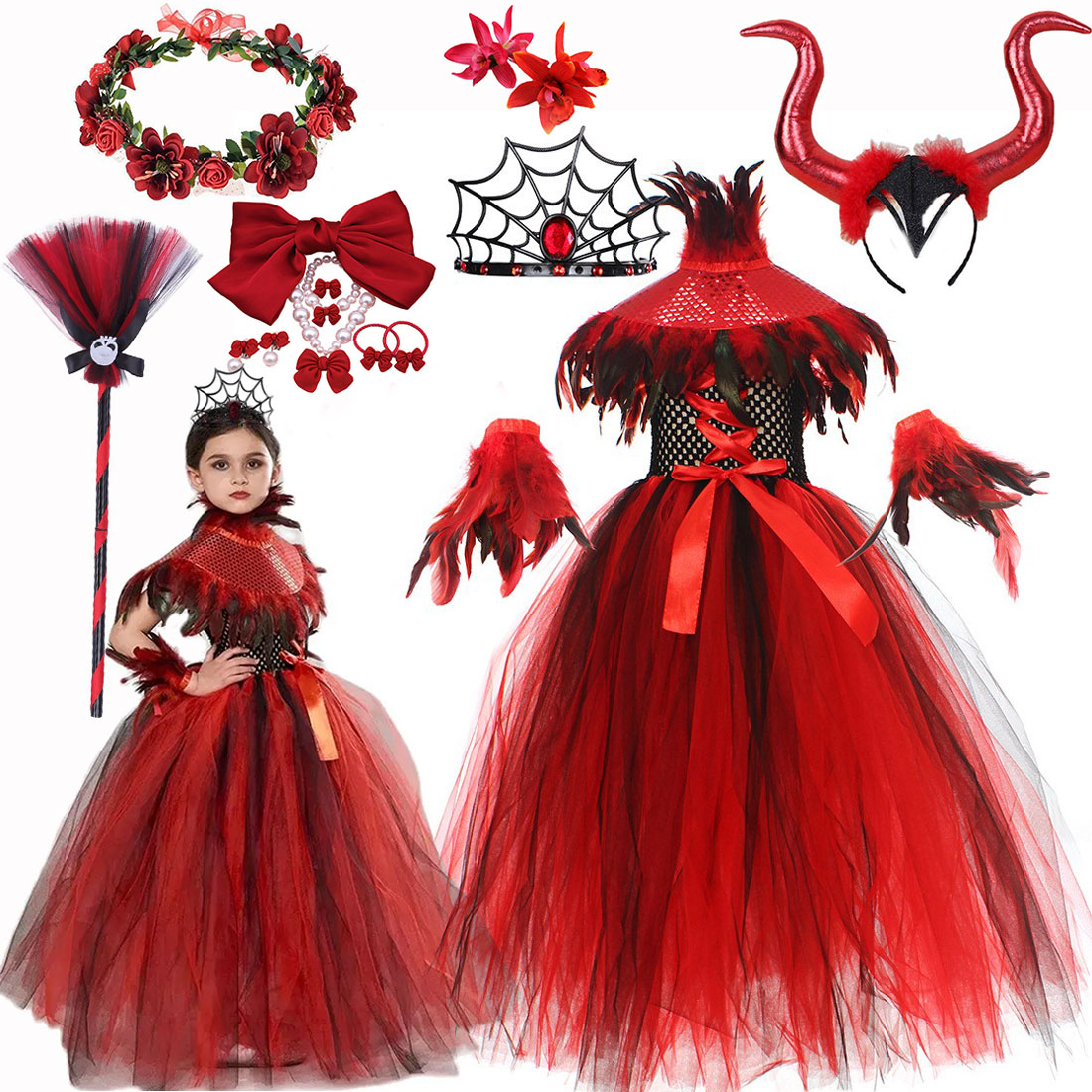 Baby Q Clothing - 2025年ハロウィン 女の子用吸血鬼コスチューム 悪魔魔女 ゴシックメッシュ服 悪魔吸血鬼女王 コスプレ