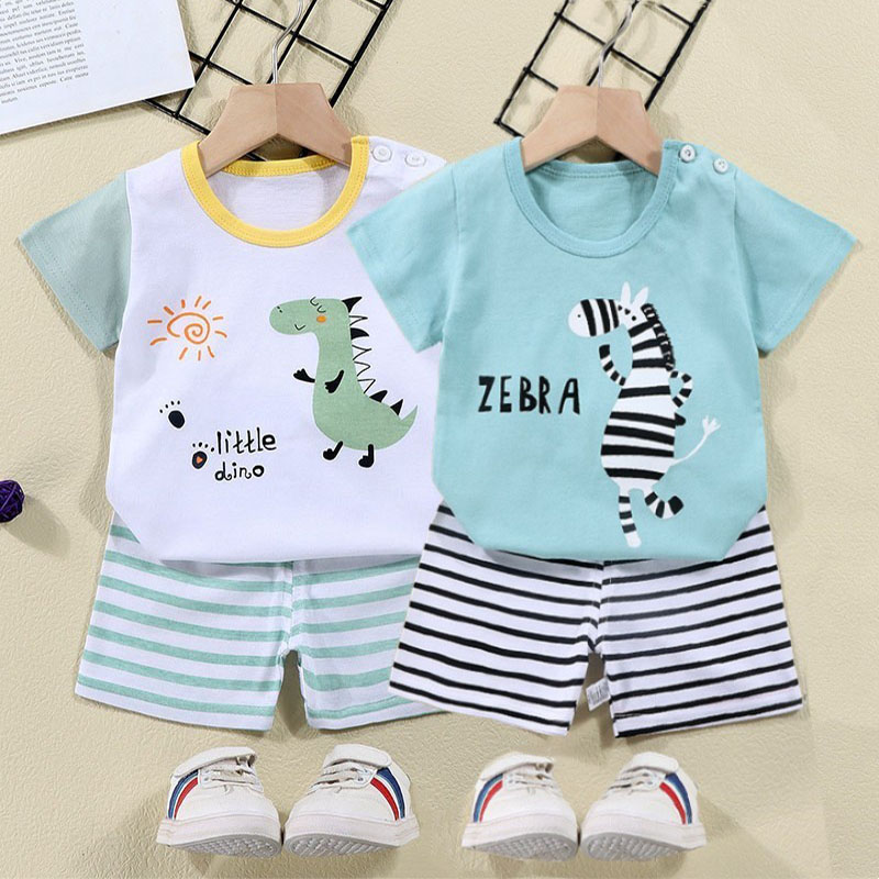 Baby Clothing For Summer - 綿 Tシャツ + ショーツ 2 ピーストラックスーツセット子供漫画ゼブラ恐竜プリント夏のスーツ子供男の子女の子ベビー