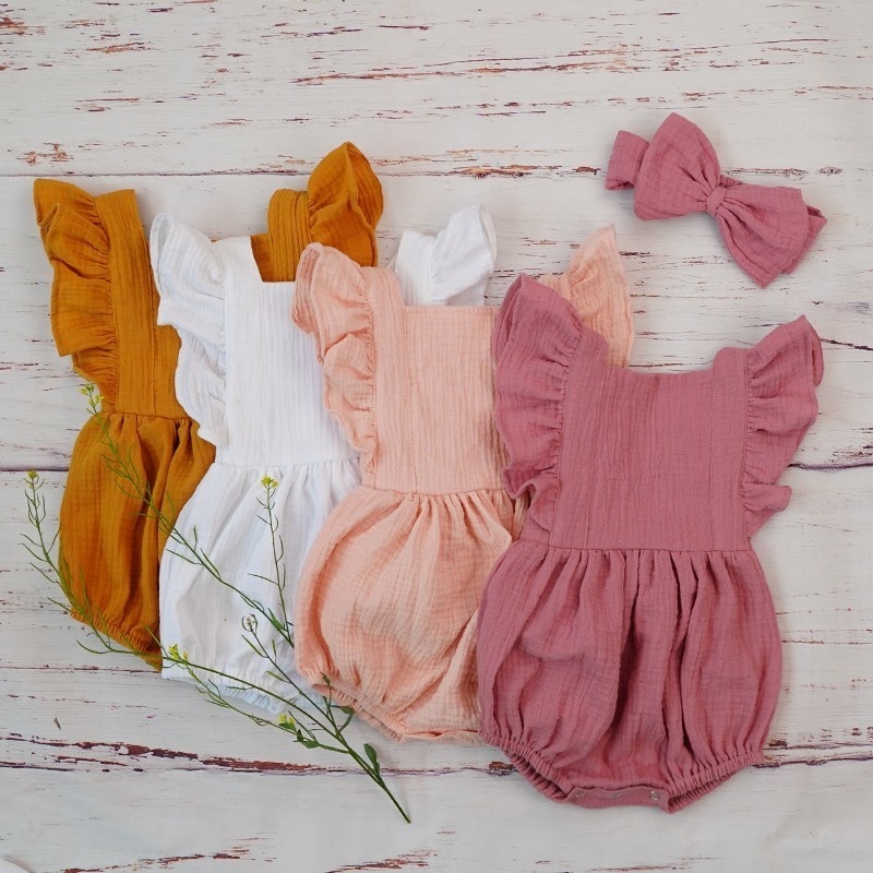 Baby Clothing Organic Cotton - 新生児用ダブルガーゼフリルロンパース、ヘッドバンド付き、ベビーガールウェア、オーガニックコットンジャンプスーツ、ダスティピンクプレイスーツ、3m、新品、夏