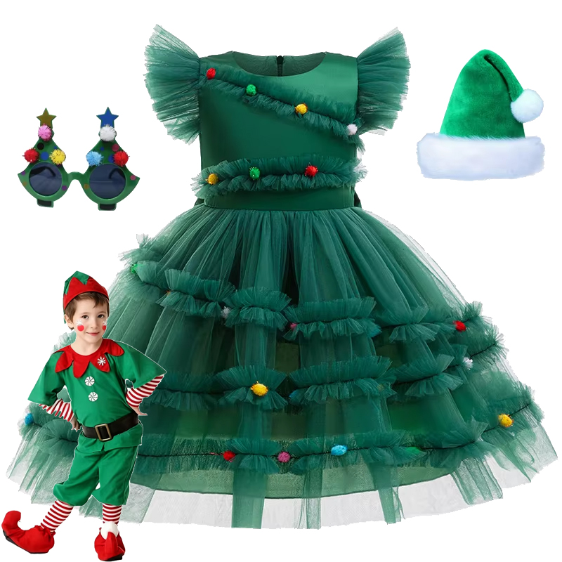 Baby Q Clothing - 2025 クリスマスガールドレスかわいいクリスマスツリーチュールスカート子供のロールプレイングコスチューム女の子のカーニバルパーティーグリーン服
