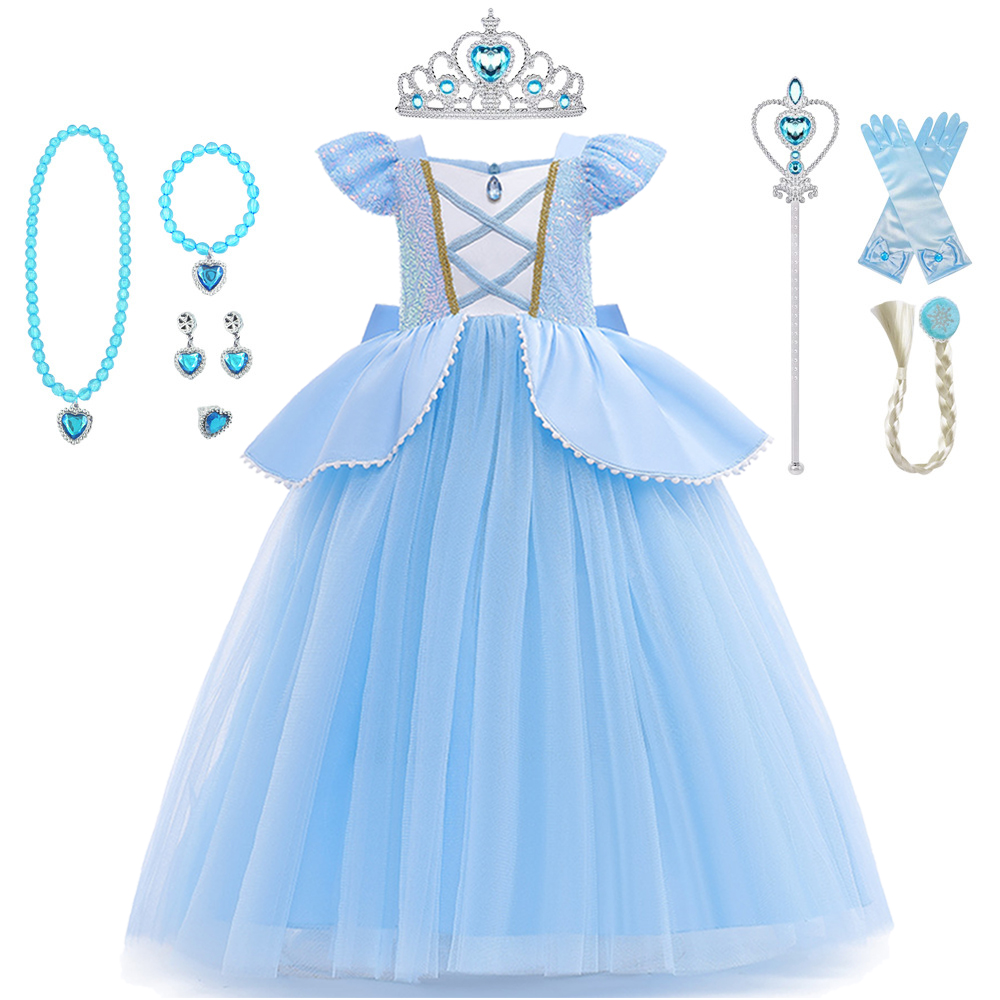 Baby Q Clothing - シンデレラコスプレ衣装子供服女の子のためのスパンコールプリンセスドレスクラウン手袋誕生日パーティーボールガウン 2-10 年