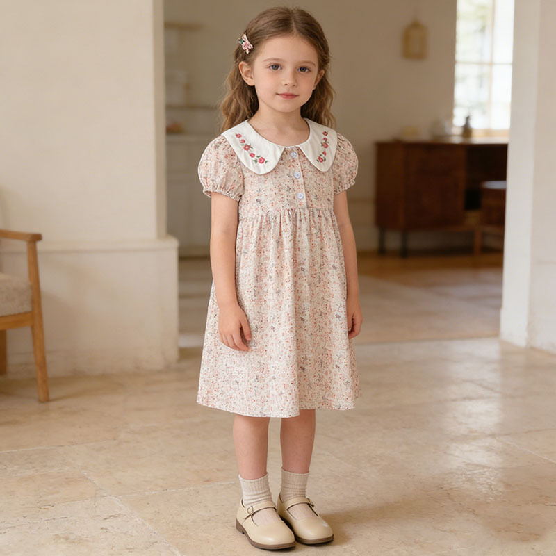 Baby Clothing Sale - 女の子用サマーワンピース、韓国風、薄手、刺繍襟、花柄、半袖、ベビー服、子供服、ホットセール中