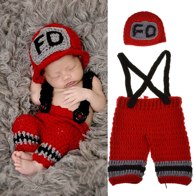 Baby Clothing Crochet - 手作りかぎ針編み新生児男の子写真撮影服消防士消防士コスチュームデザイン0-3ヶ月赤黄色