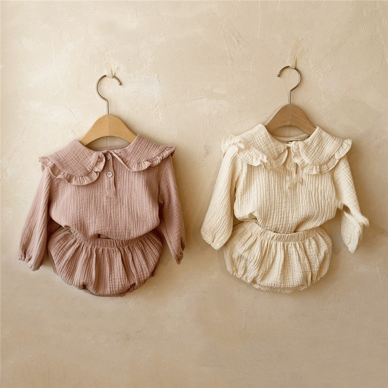 Baby Clothing Organic Cotton - 女の子のためのオーガニックコットンの衣服,フリルの襟と長袖のラペルシャツ,トップとパンのパンツ,カジュアルな韓国の服,新生児,2個