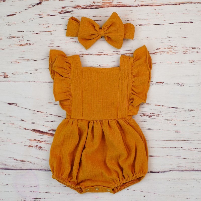新生児用ダブルガーゼフリルロンパース、ヘッドバンド付き、ベビ - Baby Clothing Organic Cotton のレビューと価格