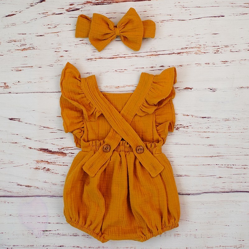 新生児用ダブルガーゼフリルロンパース、ヘッドバンド付き、ベビ - Baby Clothing Organic Cotton のレビューと価格