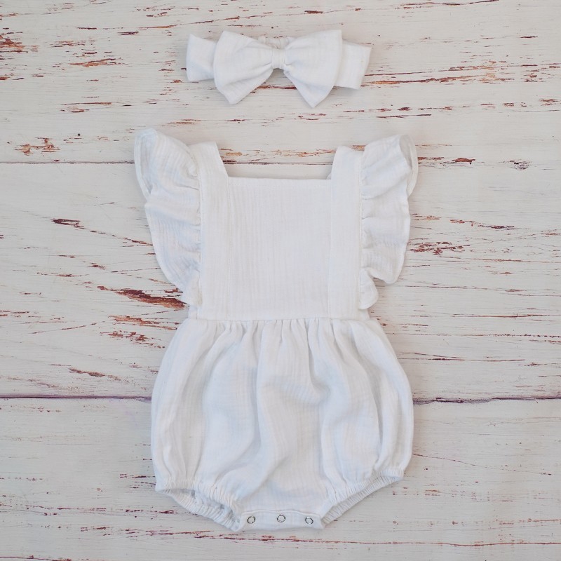 新生児用ダブルガーゼフリルロンパース、ヘッドバンド付き、ベビ - Baby Clothing Organic Cotton のレビューと価格
