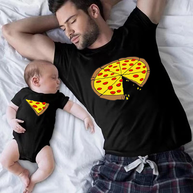 面白いピザプリント父母子供用Tシャツベビーボディスーツ綿夏家 - Baby Clothing Crochet のレビューと価格