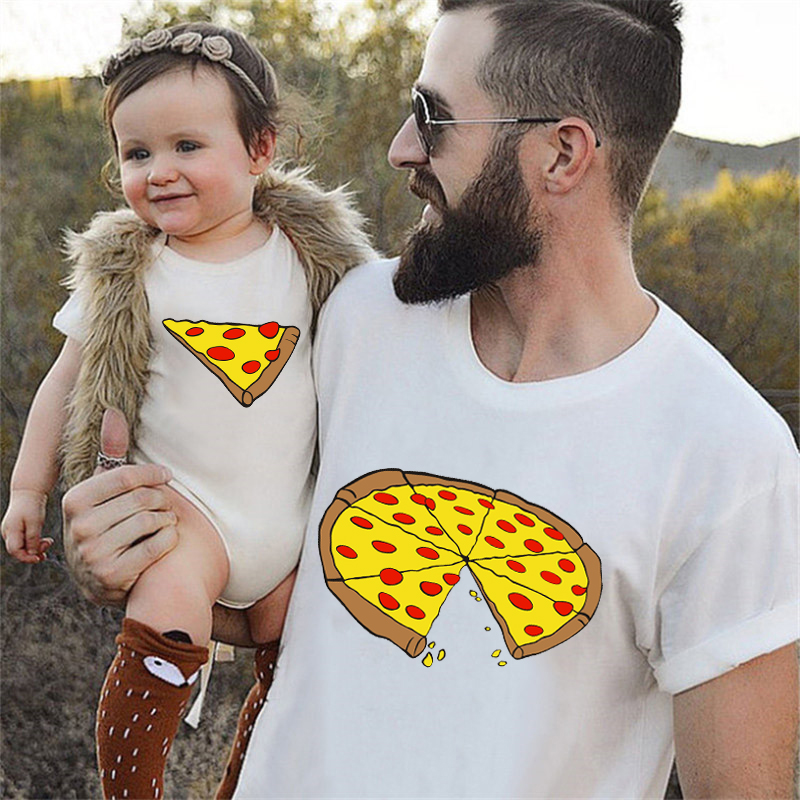 面白いピザプリント父母子供用Tシャツベビーボディスーツ綿夏家 - Baby Clothing Crochet のレビューと価格